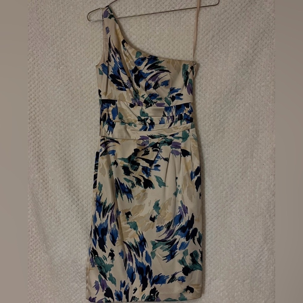 Antonio Melani One Shoulder Sheath Dress Cream Blue Formal Elegant Womens Sz 0
